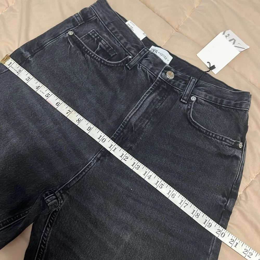 Zara Split Wide Leg TRF Black Jeans | Straight Loose, High Rise, Full Length - Picture 7 of 7